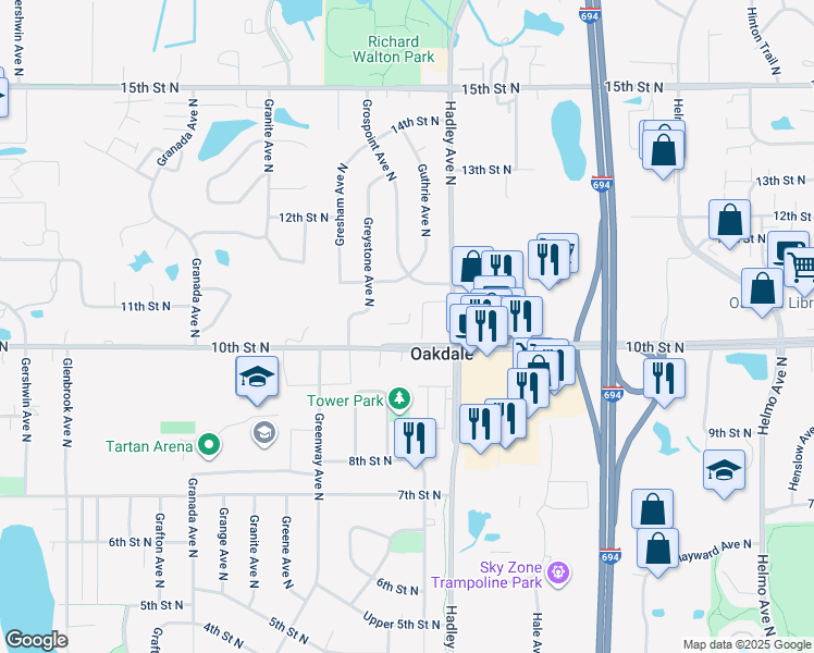 map of restaurants, bars, coffee shops, grocery stores, and more near 6902 10th Street North in Oakdale