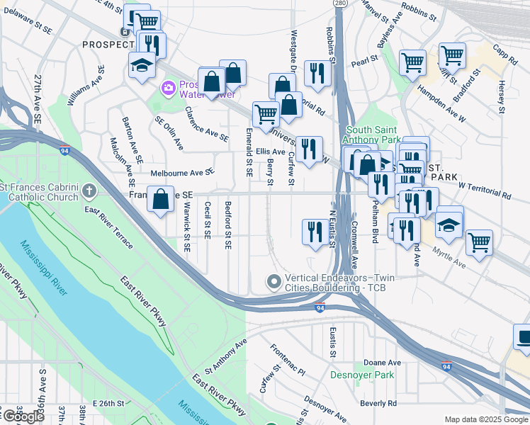 map of restaurants, bars, coffee shops, grocery stores, and more near 777 Berry Street in Saint Paul