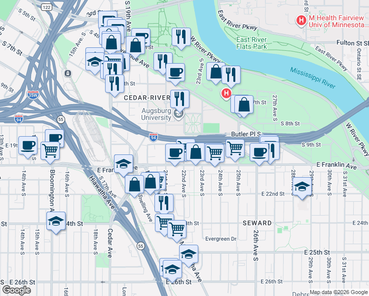 map of restaurants, bars, coffee shops, grocery stores, and more near 2501 Stevens Avenue in Minneapolis