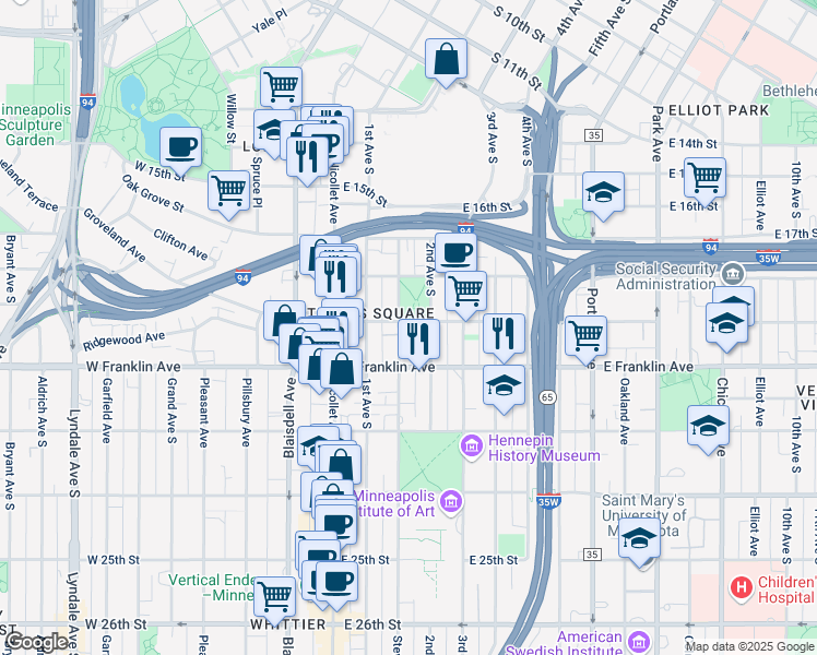 map of restaurants, bars, coffee shops, grocery stores, and more near 143 East 19th Street in Minneapolis