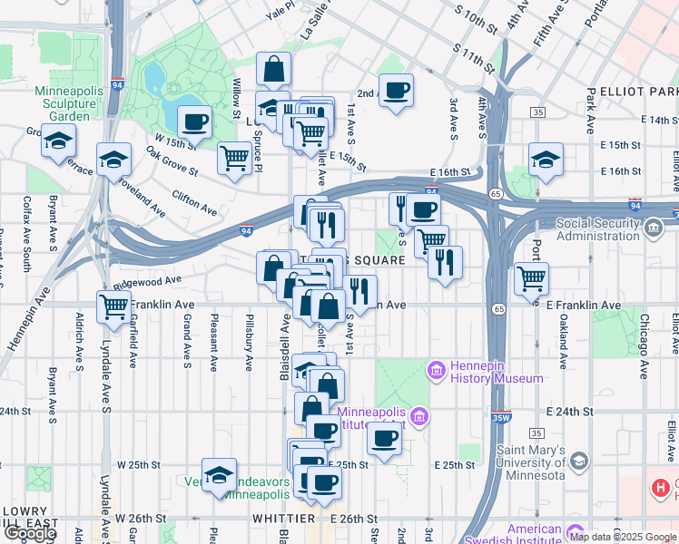 map of restaurants, bars, coffee shops, grocery stores, and more near in Minneapolis