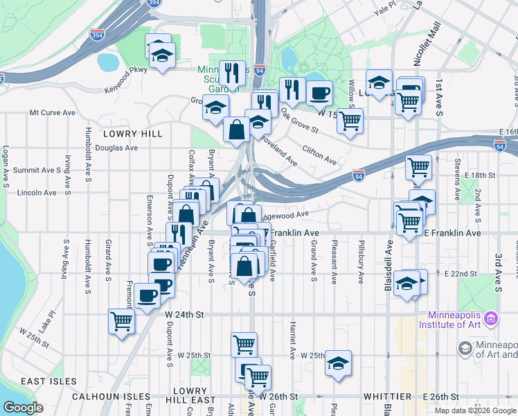 map of restaurants, bars, coffee shops, grocery stores, and more near 1901 Lyndale Avenue South in Minneapolis
