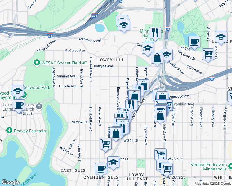 map of restaurants, bars, coffee shops, grocery stores, and more near 1909 Emerson Avenue South in Minneapolis