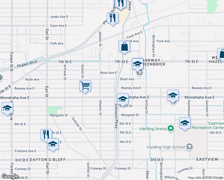 map of restaurants, bars, coffee shops, grocery stores, and more near 1282 Reaney Avenue East in Saint Paul