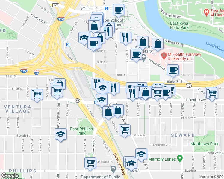 map of restaurants, bars, coffee shops, grocery stores, and more near 1921 South 9th Street in Minneapolis