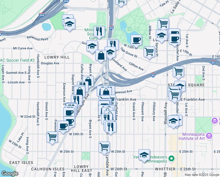 map of restaurants, bars, coffee shops, grocery stores, and more near 1901 Lyndale Avenue South in Minneapolis