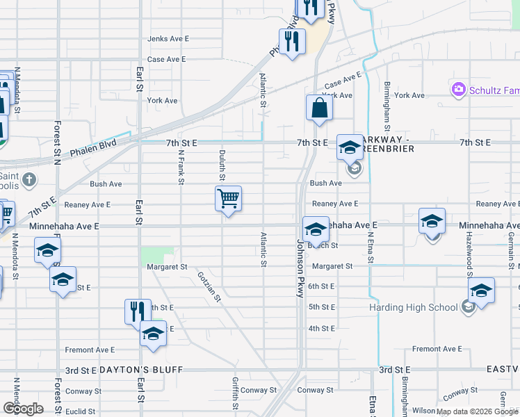 map of restaurants, bars, coffee shops, grocery stores, and more near 1236 Reaney Avenue East in Saint Paul