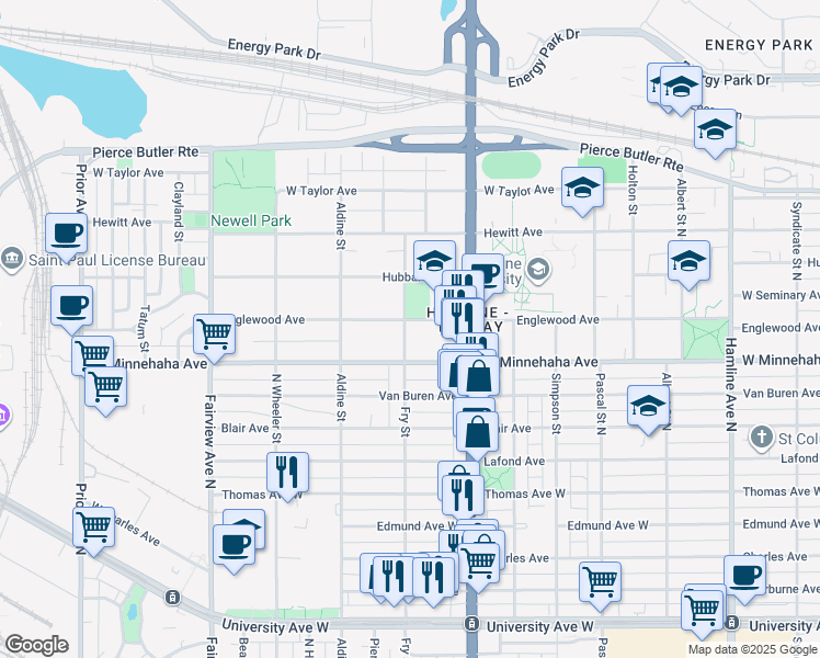 map of restaurants, bars, coffee shops, grocery stores, and more near 1636 West Englewood Avenue in Saint Paul