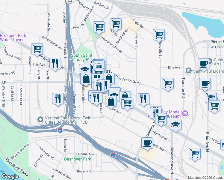 map of restaurants, bars, coffee shops, grocery stores, and more near 2373 University Avenue West in Saint Paul