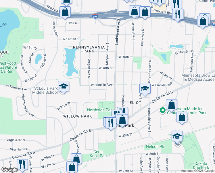 map of restaurants, bars, coffee shops, grocery stores, and more near 7229 West Franklin Avenue in St. Louis Park