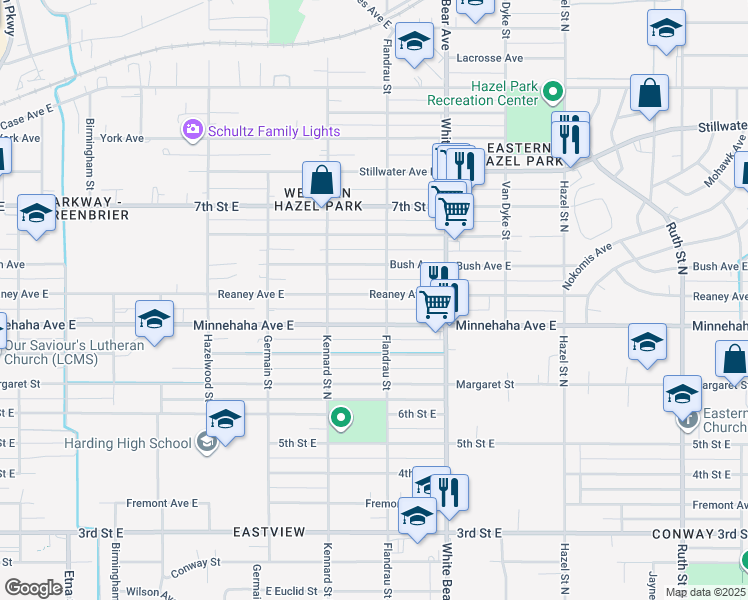 map of restaurants, bars, coffee shops, grocery stores, and more near 1710 Reaney Avenue East in Saint Paul