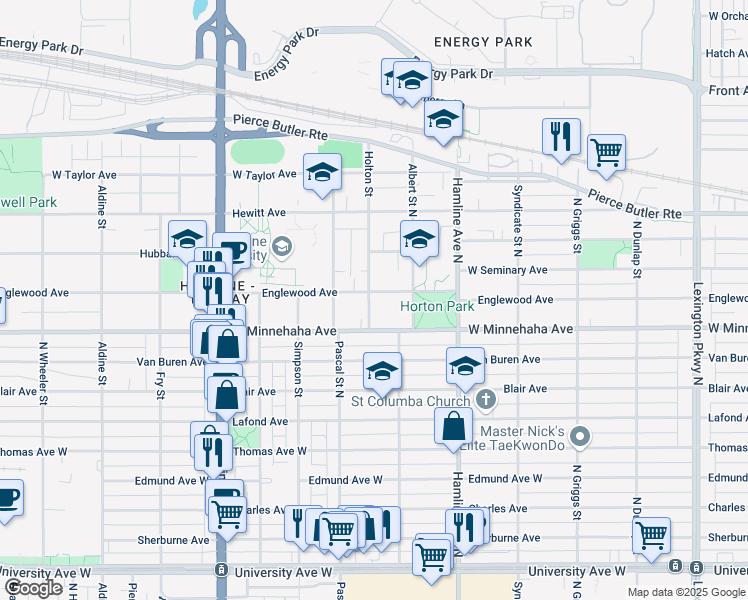 map of restaurants, bars, coffee shops, grocery stores, and more near 1424 West Englewood Avenue in Saint Paul