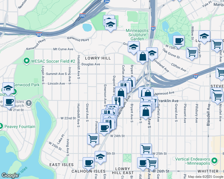 map of restaurants, bars, coffee shops, grocery stores, and more near 1909 Emerson Avenue South in Minneapolis