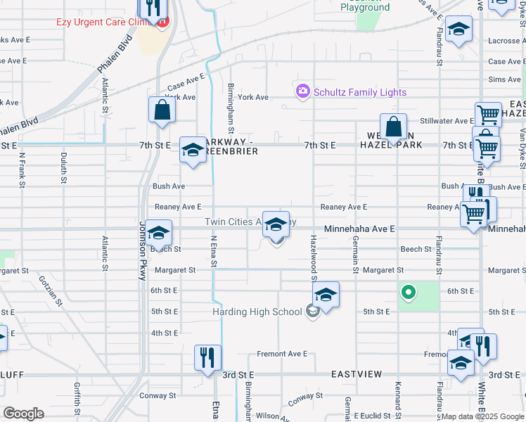 map of restaurants, bars, coffee shops, grocery stores, and more near 1464 Reaney Avenue East in Saint Paul