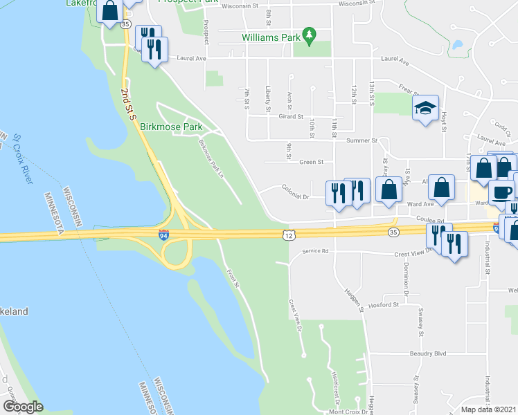 map of restaurants, bars, coffee shops, grocery stores, and more near 82 Coulee Road in Hudson