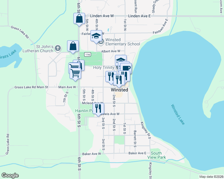 map of restaurants, bars, coffee shops, grocery stores, and more near 211 Main Avenue West in Winsted