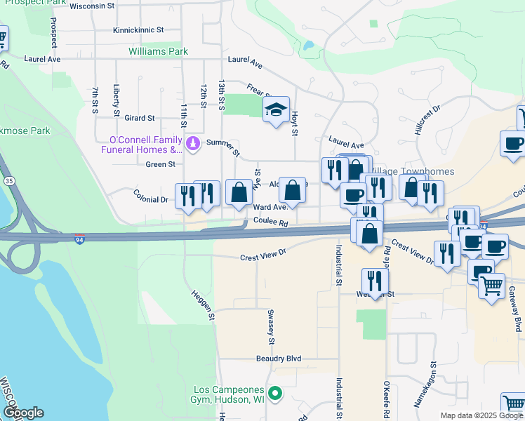 map of restaurants, bars, coffee shops, grocery stores, and more near 493 Coulee Road in Hudson