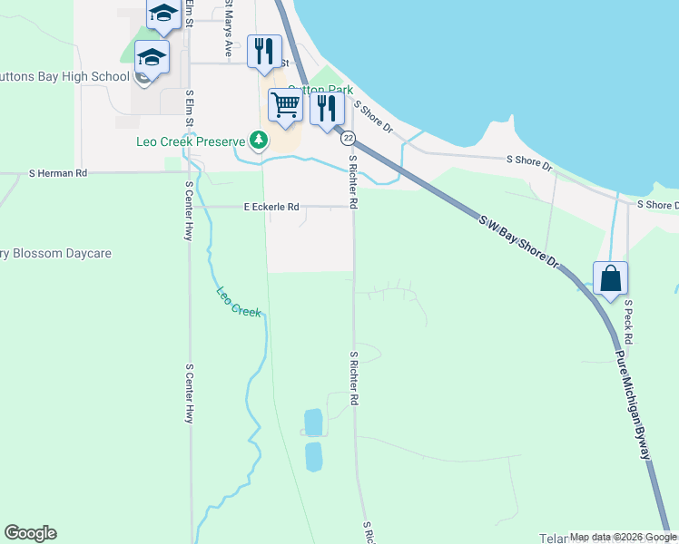 map of restaurants, bars, coffee shops, grocery stores, and more near 1252 South Richter Road in Suttons Bay