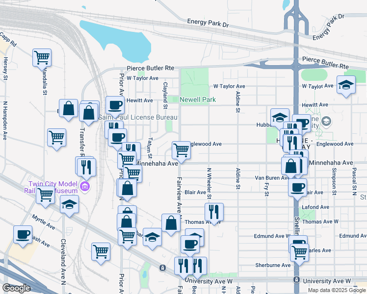 map of restaurants, bars, coffee shops, grocery stores, and more near 758 Fairview Avenue North in Saint Paul