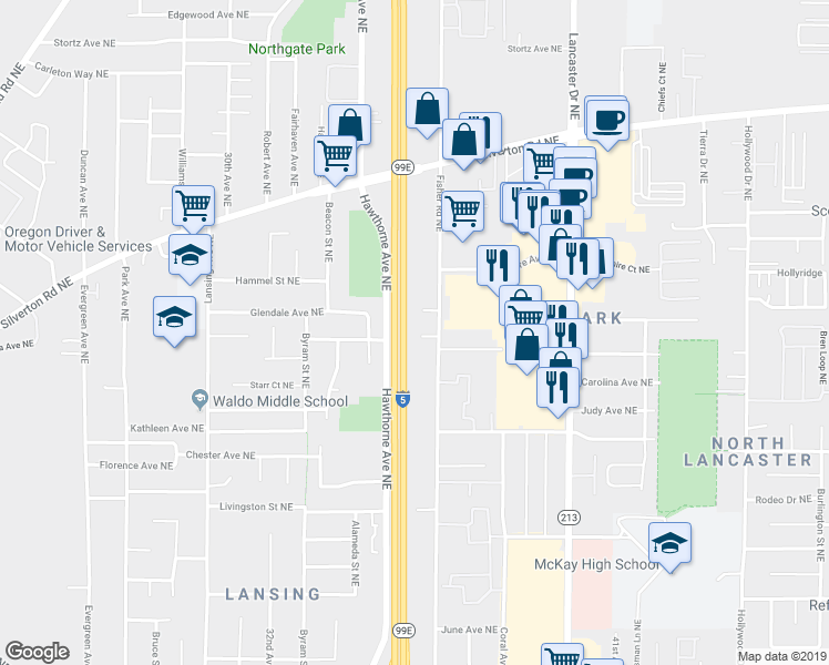 map of restaurants, bars, coffee shops, grocery stores, and more near 3535 Fisher Court Northeast in Salem