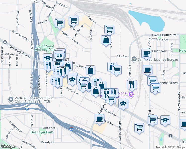 map of restaurants, bars, coffee shops, grocery stores, and more near 787 North Hampden Avenue in Saint Paul