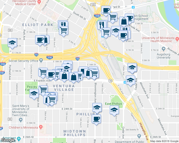 map of restaurants, bars, coffee shops, grocery stores, and more near 1508 East 19th Street in Minneapolis