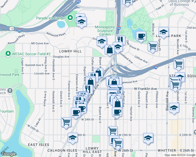 map of restaurants, bars, coffee shops, grocery stores, and more near 1912 Hennepin Avenue in Minneapolis