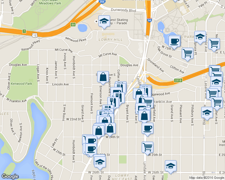 map of restaurants, bars, coffee shops, grocery stores, and more near 1913 Dupont Avenue South in Minneapolis
