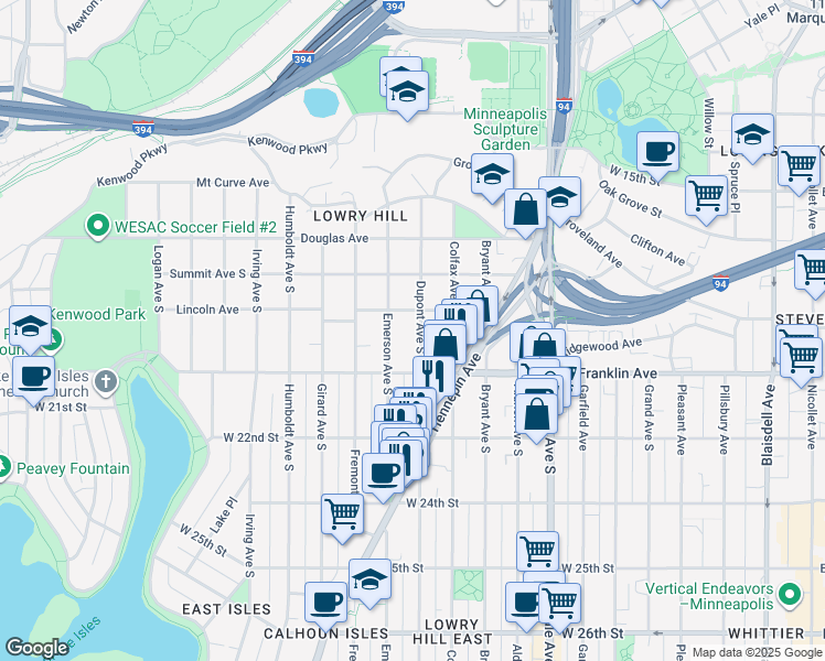 map of restaurants, bars, coffee shops, grocery stores, and more near 1909 Emerson Avenue South in Minneapolis