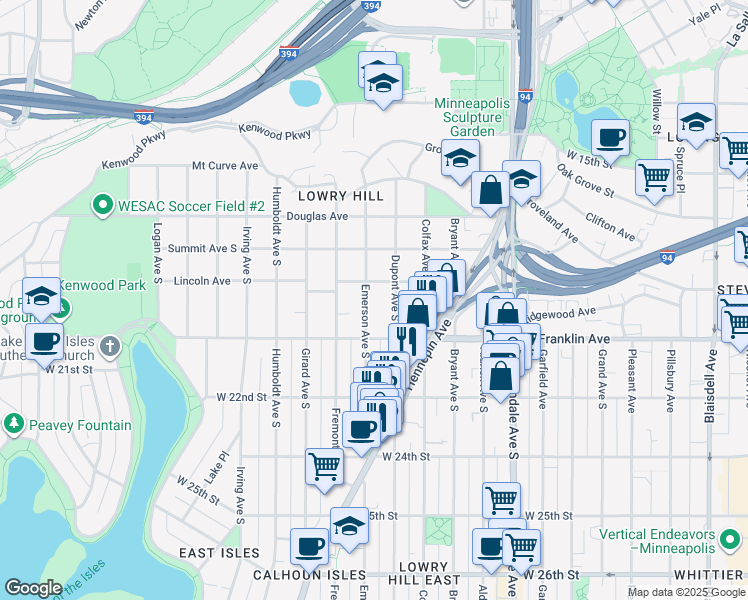 map of restaurants, bars, coffee shops, grocery stores, and more near 1909 Emerson Avenue South in Minneapolis