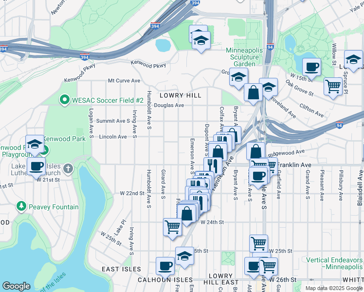 map of restaurants, bars, coffee shops, grocery stores, and more near 1909 Fremont Avenue South in Minneapolis