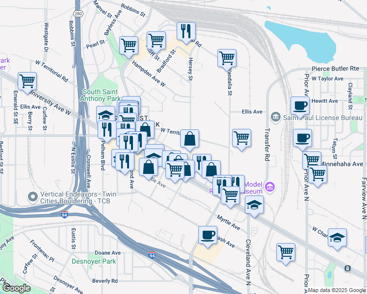 map of restaurants, bars, coffee shops, grocery stores, and more near 791 North Hampden Avenue in Saint Paul