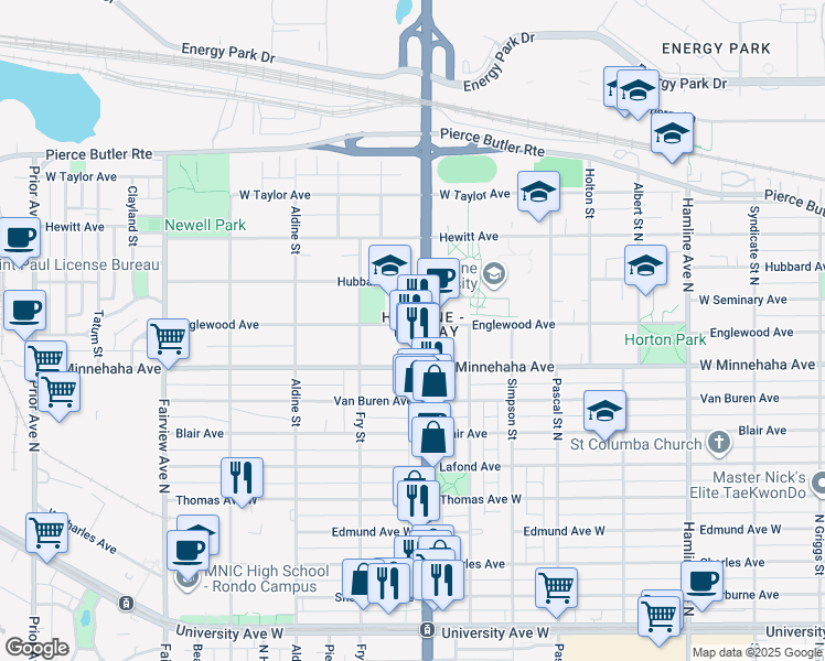 map of restaurants, bars, coffee shops, grocery stores, and more near 759 Snelling Avenue North in Saint Paul