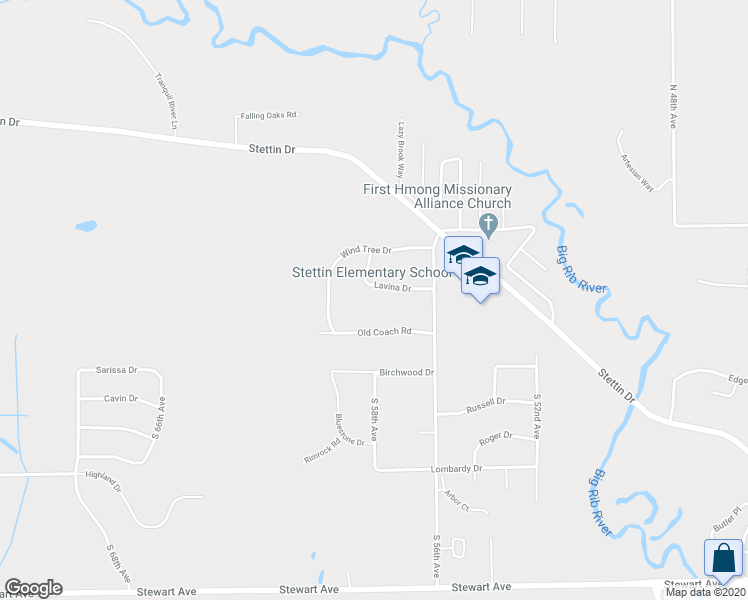 map of restaurants, bars, coffee shops, grocery stores, and more near 215 Lavina Drive in Wausau