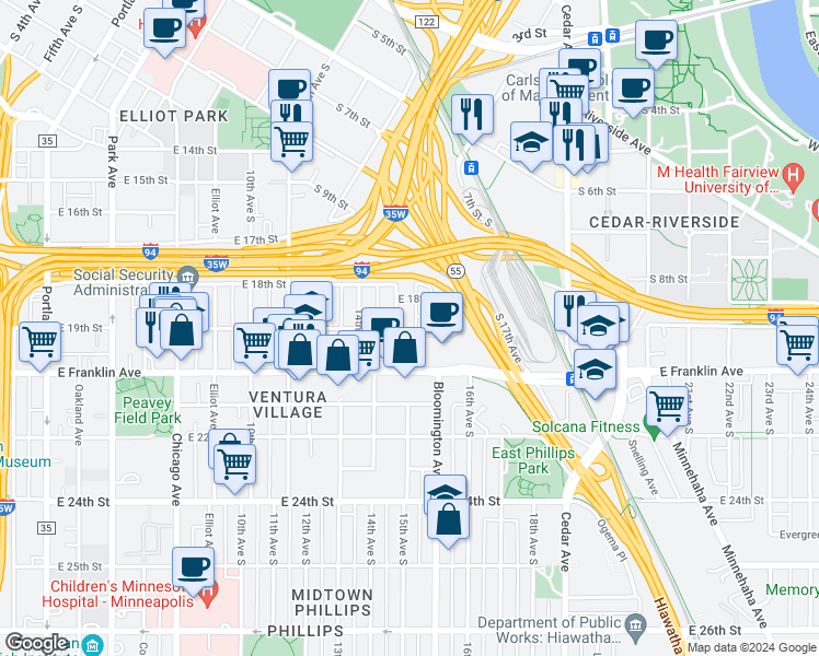 map of restaurants, bars, coffee shops, grocery stores, and more near 1508 East 19th Street in Minneapolis