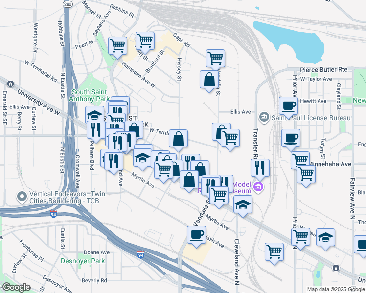 map of restaurants, bars, coffee shops, grocery stores, and more near 787 North Hampden Avenue in Saint Paul