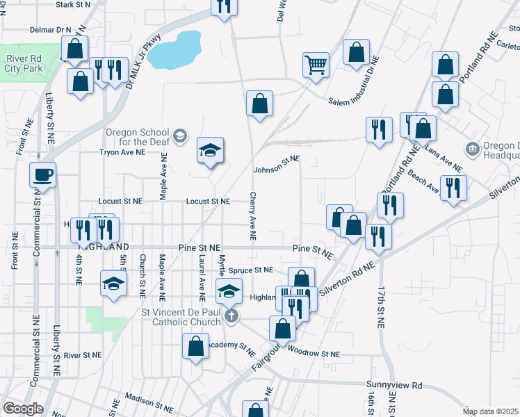 map of restaurants, bars, coffee shops, grocery stores, and more near 2680 Cherry Avenue Northeast in Salem