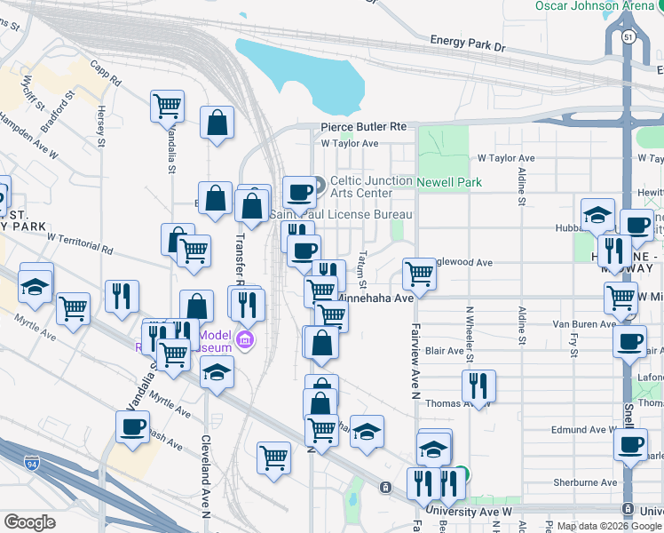 map of restaurants, bars, coffee shops, grocery stores, and more near 753 North Howell Street in Saint Paul