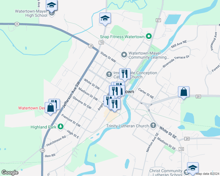 map of restaurants, bars, coffee shops, grocery stores, and more near 101 Angel Avenue Southwest in Watertown