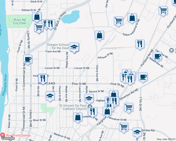 map of restaurants, bars, coffee shops, grocery stores, and more near 2660 Myrtle Avenue Northeast in Salem