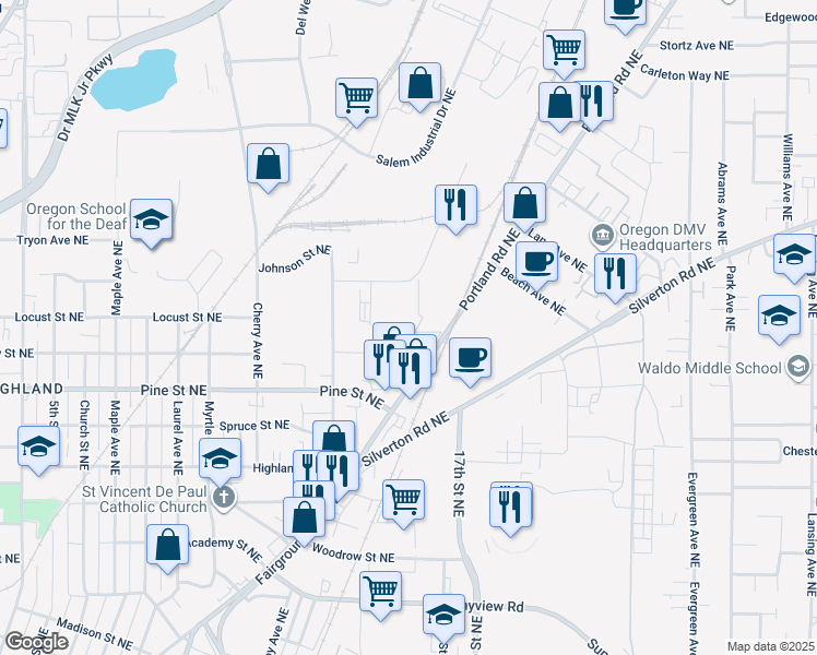map of restaurants, bars, coffee shops, grocery stores, and more near 1476 McDonald Street Northeast in Salem