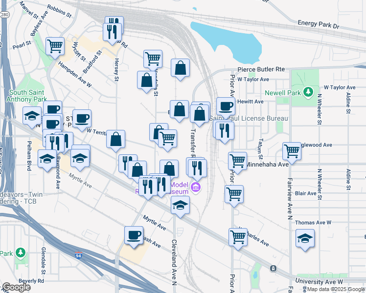 map of restaurants, bars, coffee shops, grocery stores, and more near 801 Transfer Road in Saint Paul