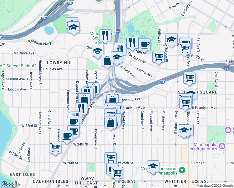 map of restaurants, bars, coffee shops, grocery stores, and more near 1901 Lyndale Avenue South in Minneapolis