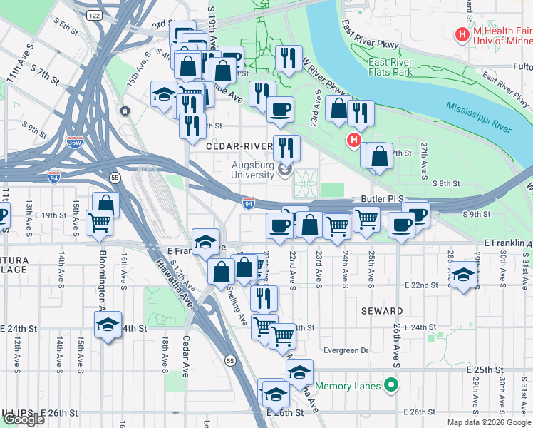 map of restaurants, bars, coffee shops, grocery stores, and more near 904 21st Avenue South in Minneapolis