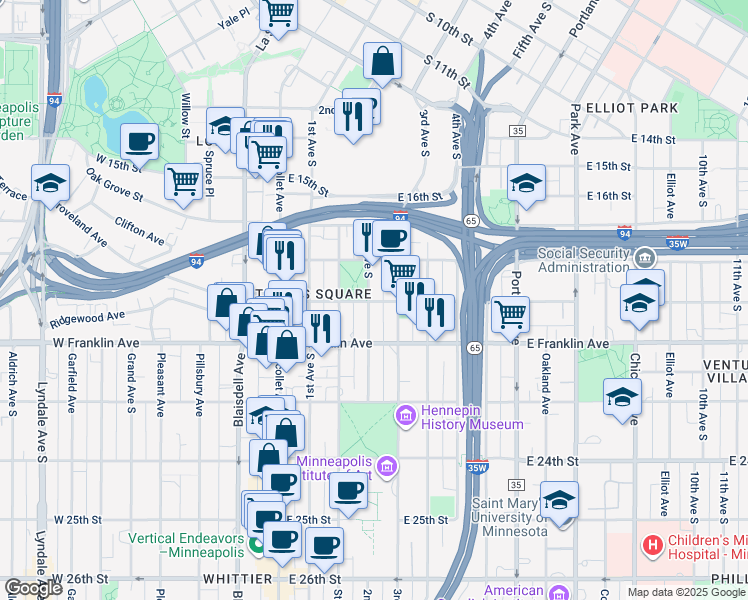 map of restaurants, bars, coffee shops, grocery stores, and more near 143 East 19th Street in Minneapolis