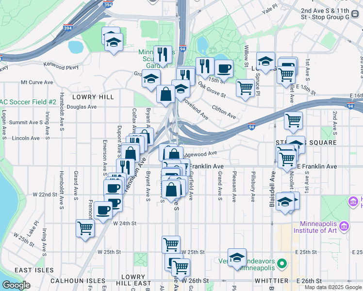map of restaurants, bars, coffee shops, grocery stores, and more near 1901 Lyndale Avenue South in Minneapolis