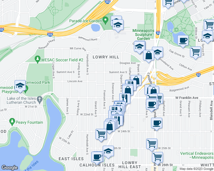 map of restaurants, bars, coffee shops, grocery stores, and more near 1909 Fremont Avenue South in Minneapolis