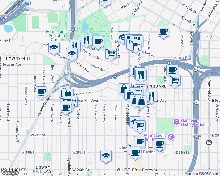 map of restaurants, bars, coffee shops, grocery stores, and more near 218 Ridgewood Avenue in Minneapolis