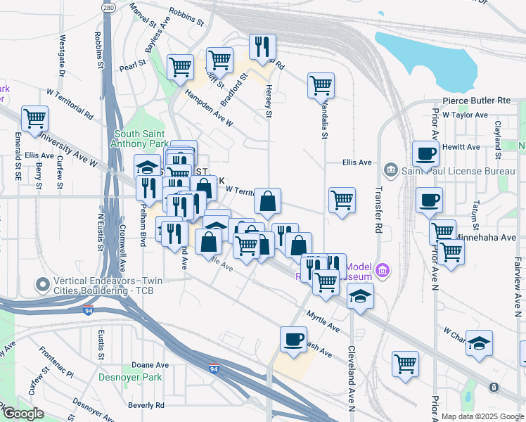 map of restaurants, bars, coffee shops, grocery stores, and more near 787 North Hampden Avenue in Saint Paul