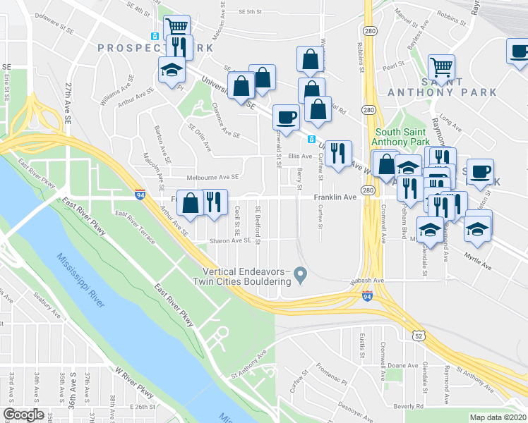 map of restaurants, bars, coffee shops, grocery stores, and more near 145 Bedford Street Southeast in Minneapolis